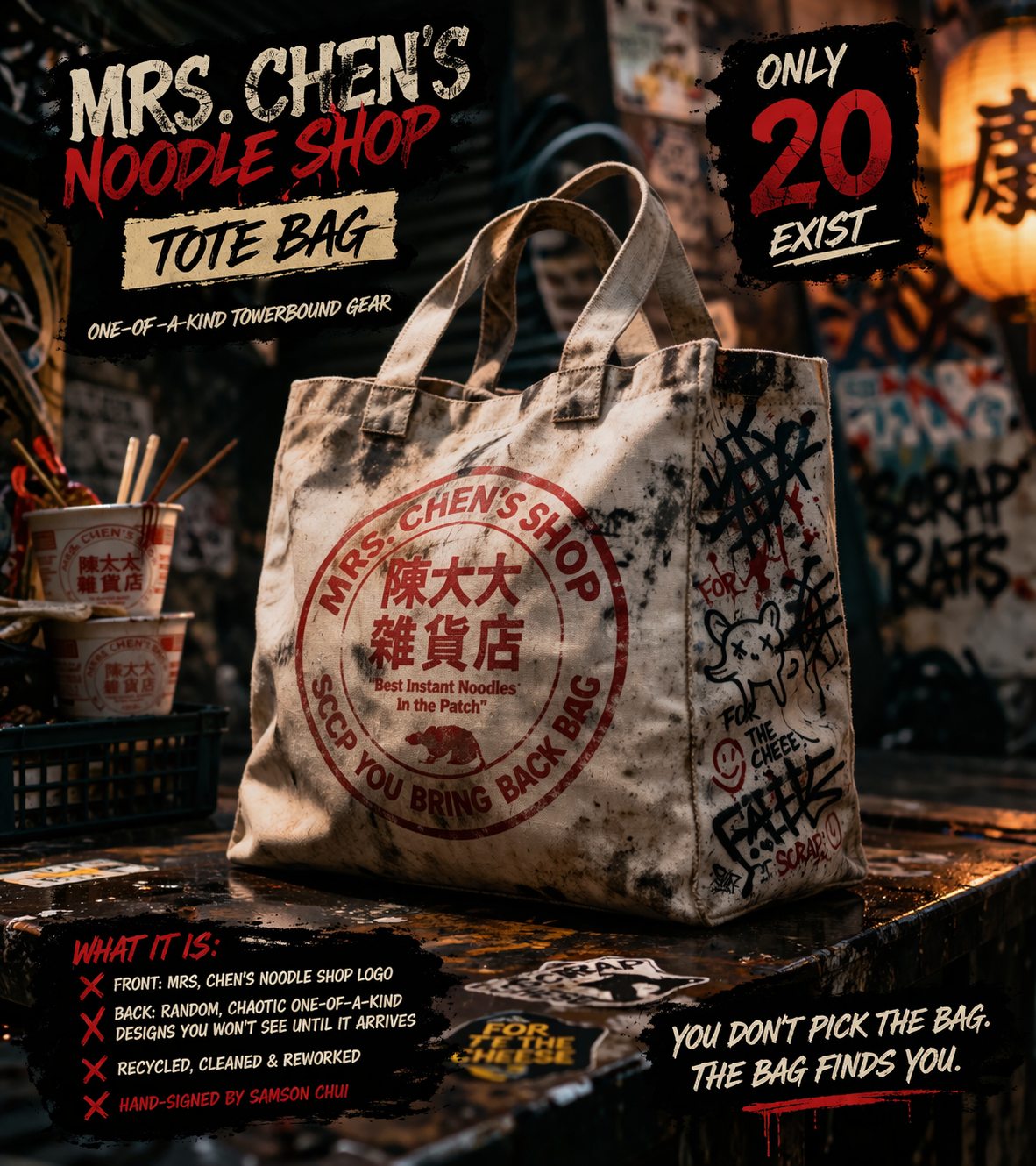 20 Only! Mrs. Chen’s Noodle Shop Tote Bag – One-of-a-Kind Towerbound Gear